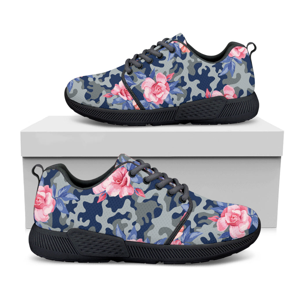 Pink Rose Flower Camouflage Print Black Athletic Shoes