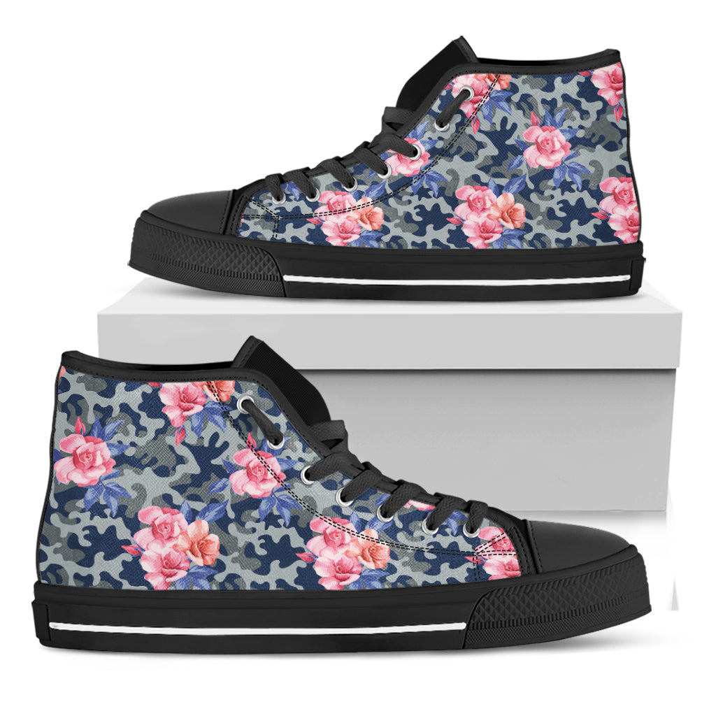 Pink Rose Flower Camouflage Print Black High Top Shoes