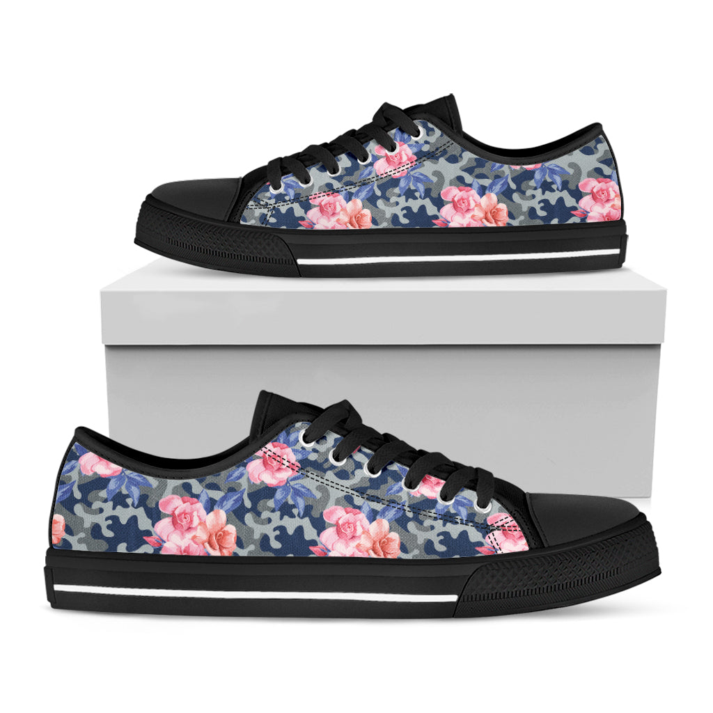 Pink Rose Flower Camouflage Print Black Low Top Shoes