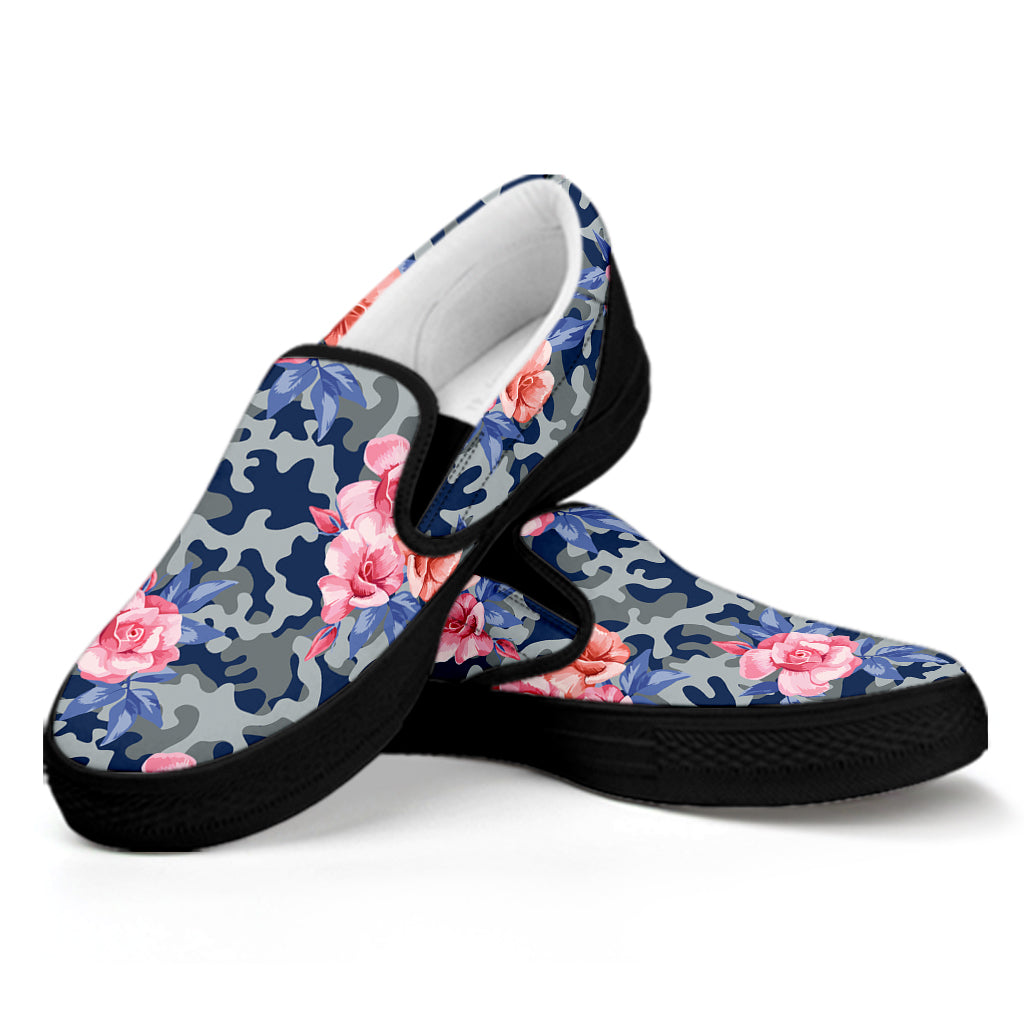 Pink Rose Flower Camouflage Print Black Slip On Shoes