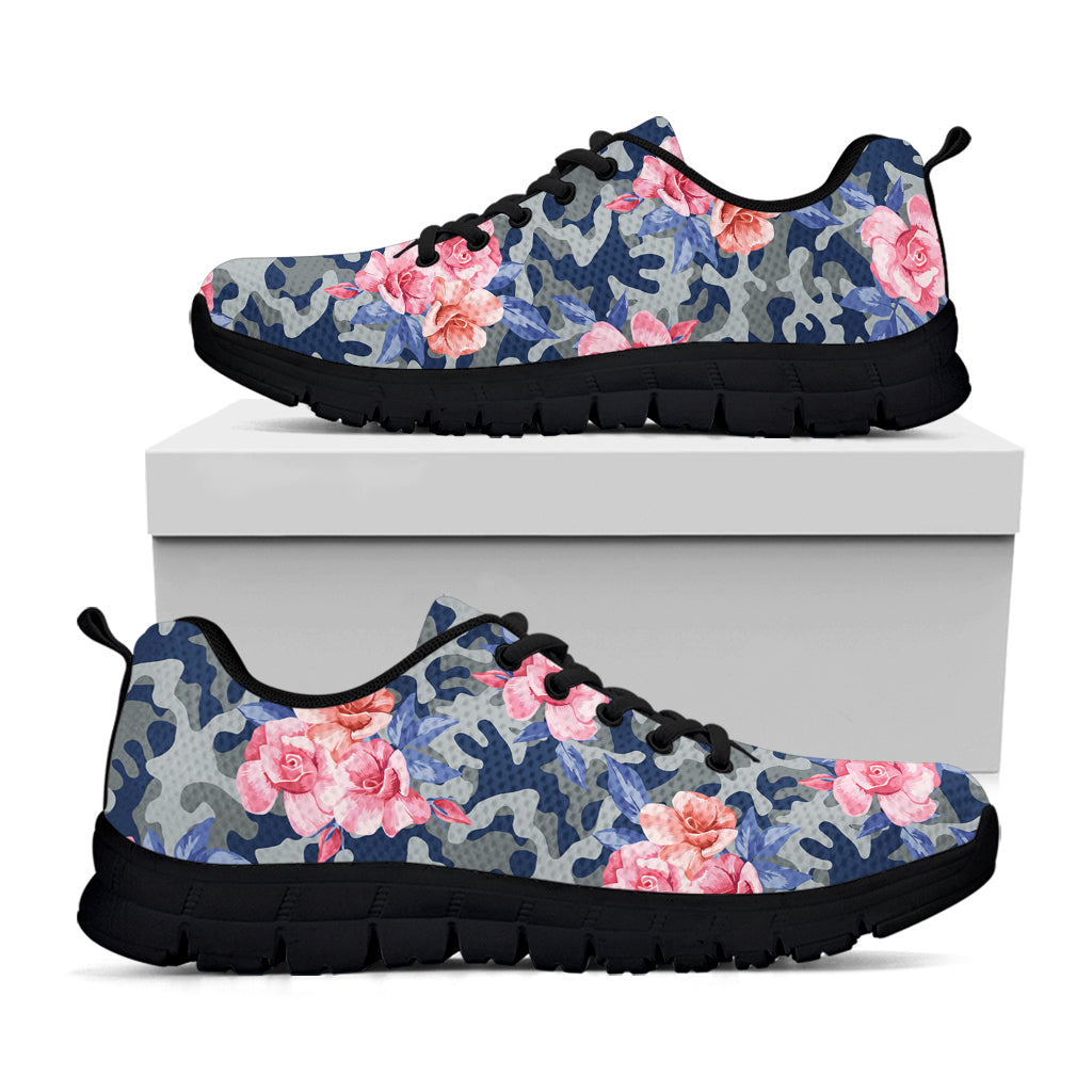 Pink Rose Flower Camouflage Print Black Sneakers