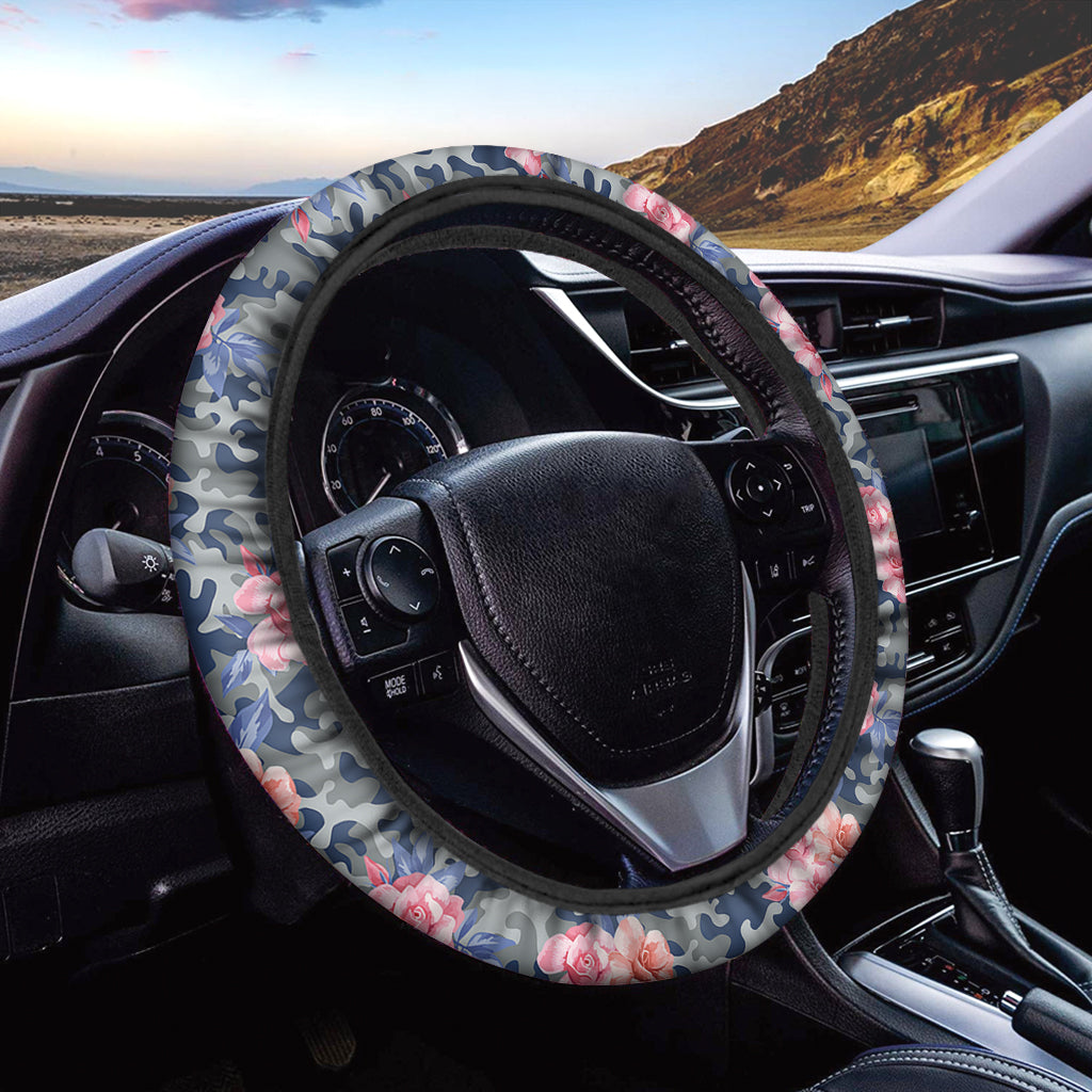 Pink Rose Flower Camouflage Print Car Steering Wheel Cover