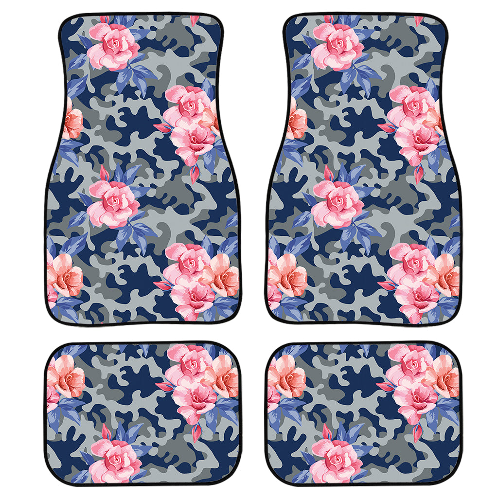 Pink Rose Flower Camouflage Print Front and Back Car Floor Mats