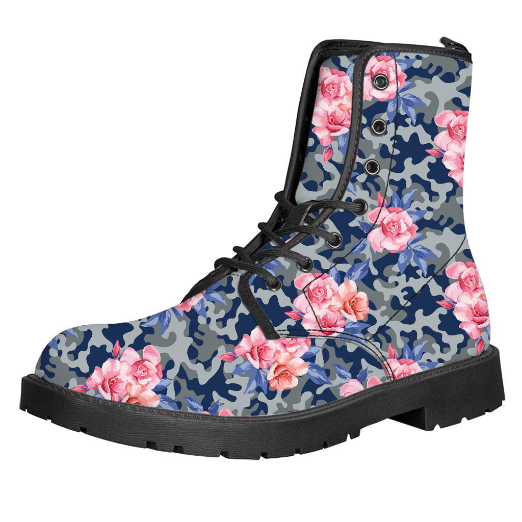 Pink Rose Flower Camouflage Print Leather Boots