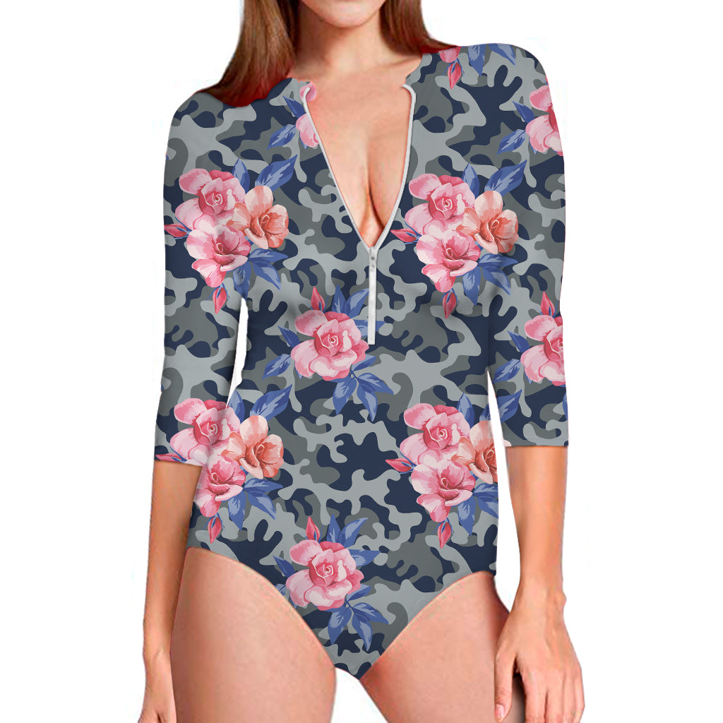 Pink Rose Flower Camouflage Print Long Sleeve One Piece Swimsuit