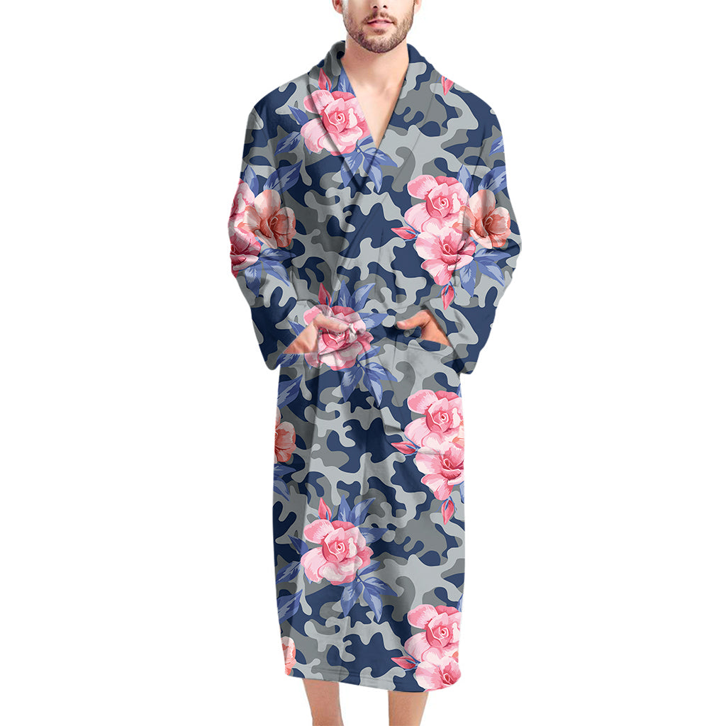 Pink Rose Flower Camouflage Print Men's Bathrobe