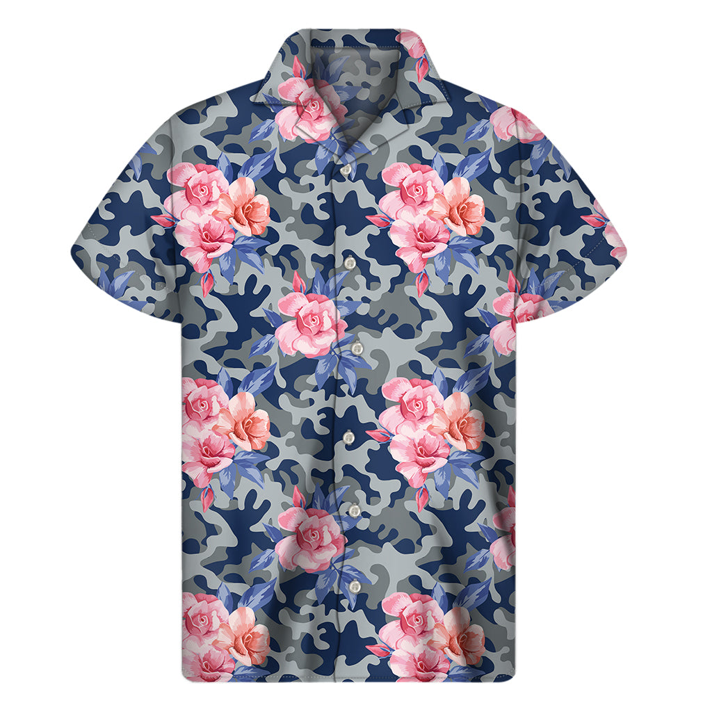 Pink Rose Flower Camouflage Print Men's Short Sleeve Shirt