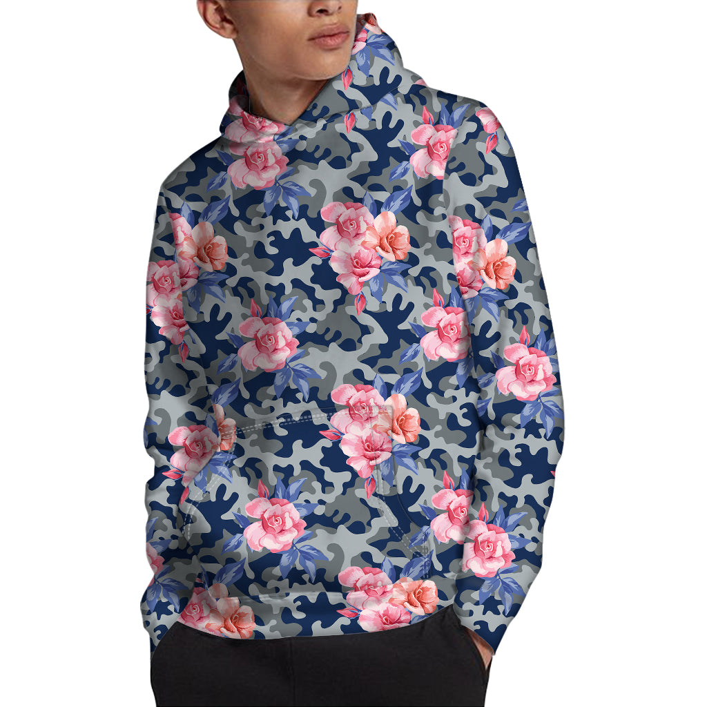 Pink Rose Flower Camouflage Print Pullover Hoodie