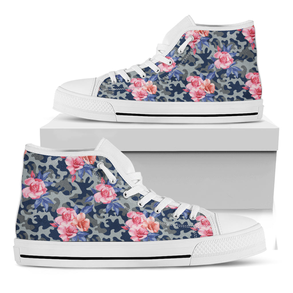 Pink Rose Flower Camouflage Print White High Top Shoes