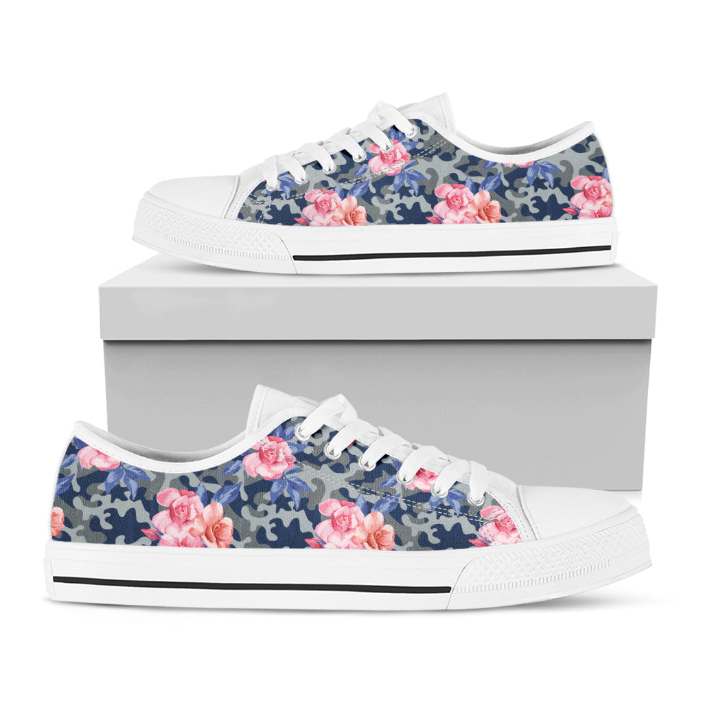 Pink Rose Flower Camouflage Print White Low Top Shoes