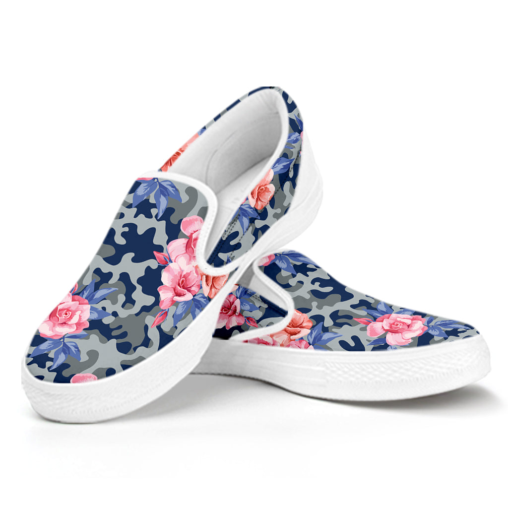 Pink Rose Flower Camouflage Print White Slip On Shoes