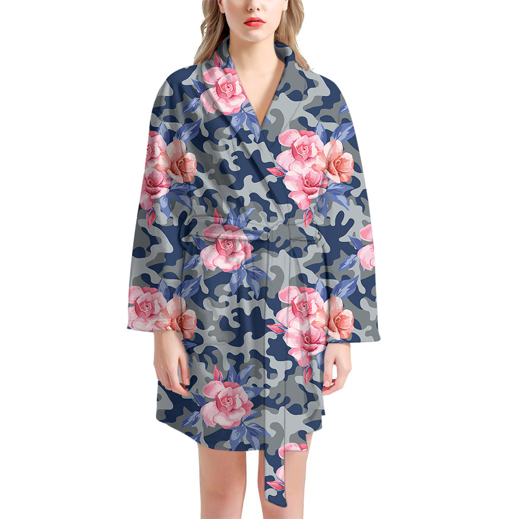 Pink Rose Flower Camouflage Print Women's Bathrobe