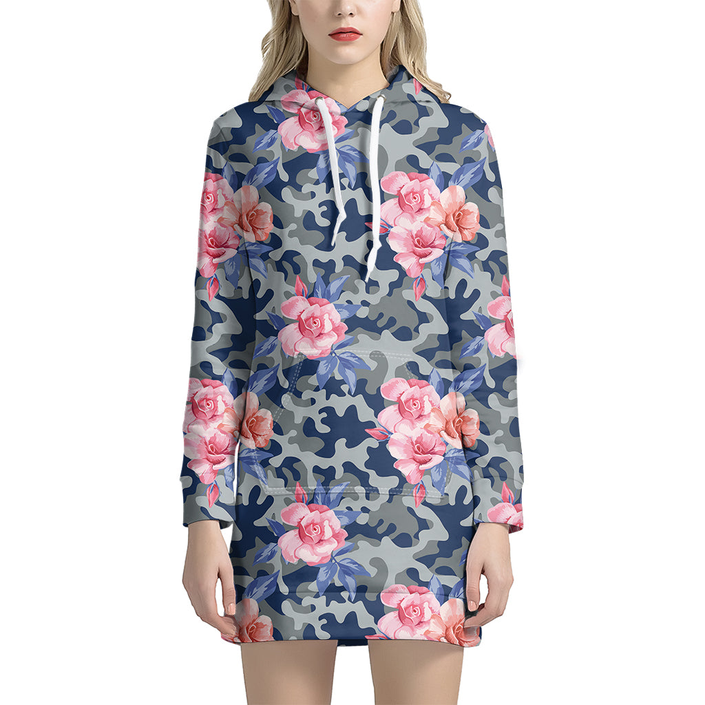 Pink Rose Flower Camouflage Print Women's Pullover Hoodie Dress