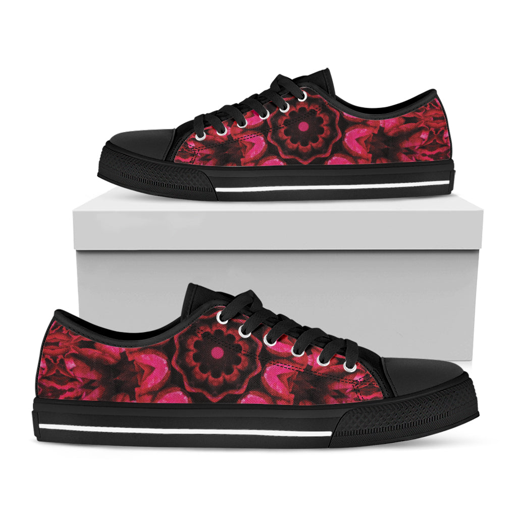 Pink Rose Kaleidoscope Print Black Low Top Shoes