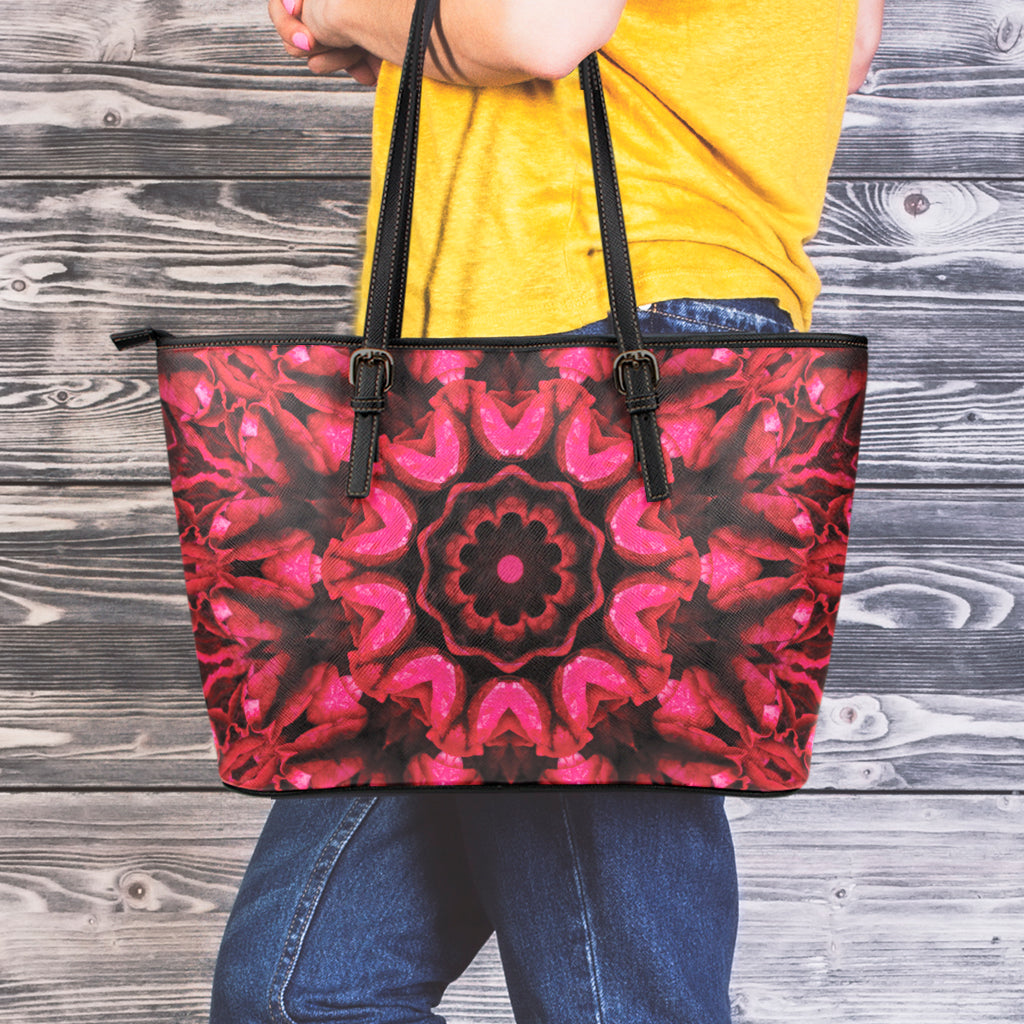 Pink Rose Kaleidoscope Print Leather Tote Bag