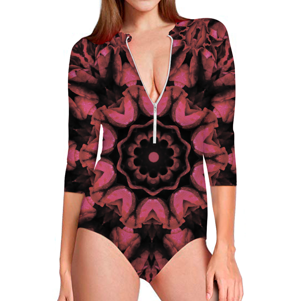 Pink Rose Kaleidoscope Print Long Sleeve One Piece Swimsuit