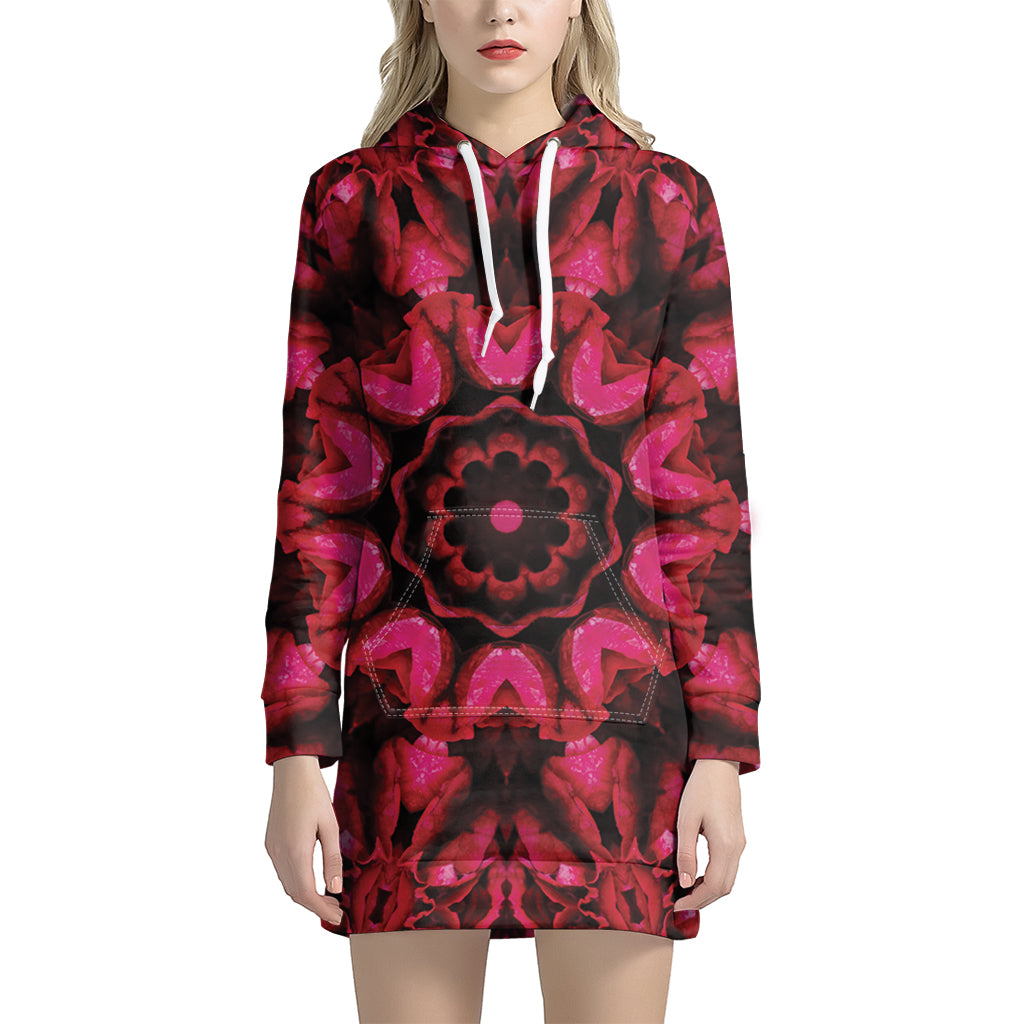 Pink Rose Kaleidoscope Print Women's Pullover Hoodie Dress