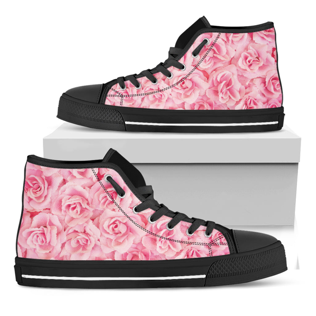 Pink Rose Print Black High Top Shoes