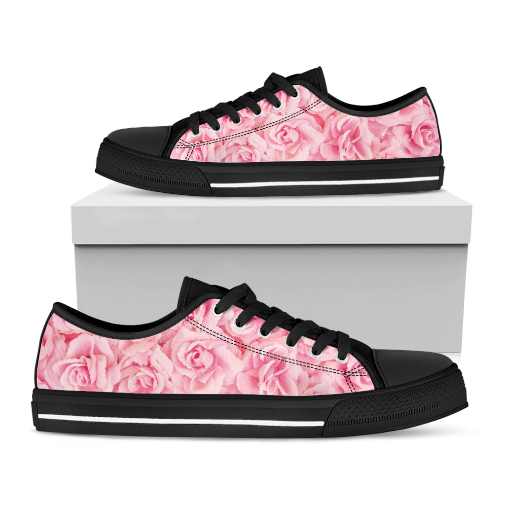 Pink Rose Print Black Low Top Shoes