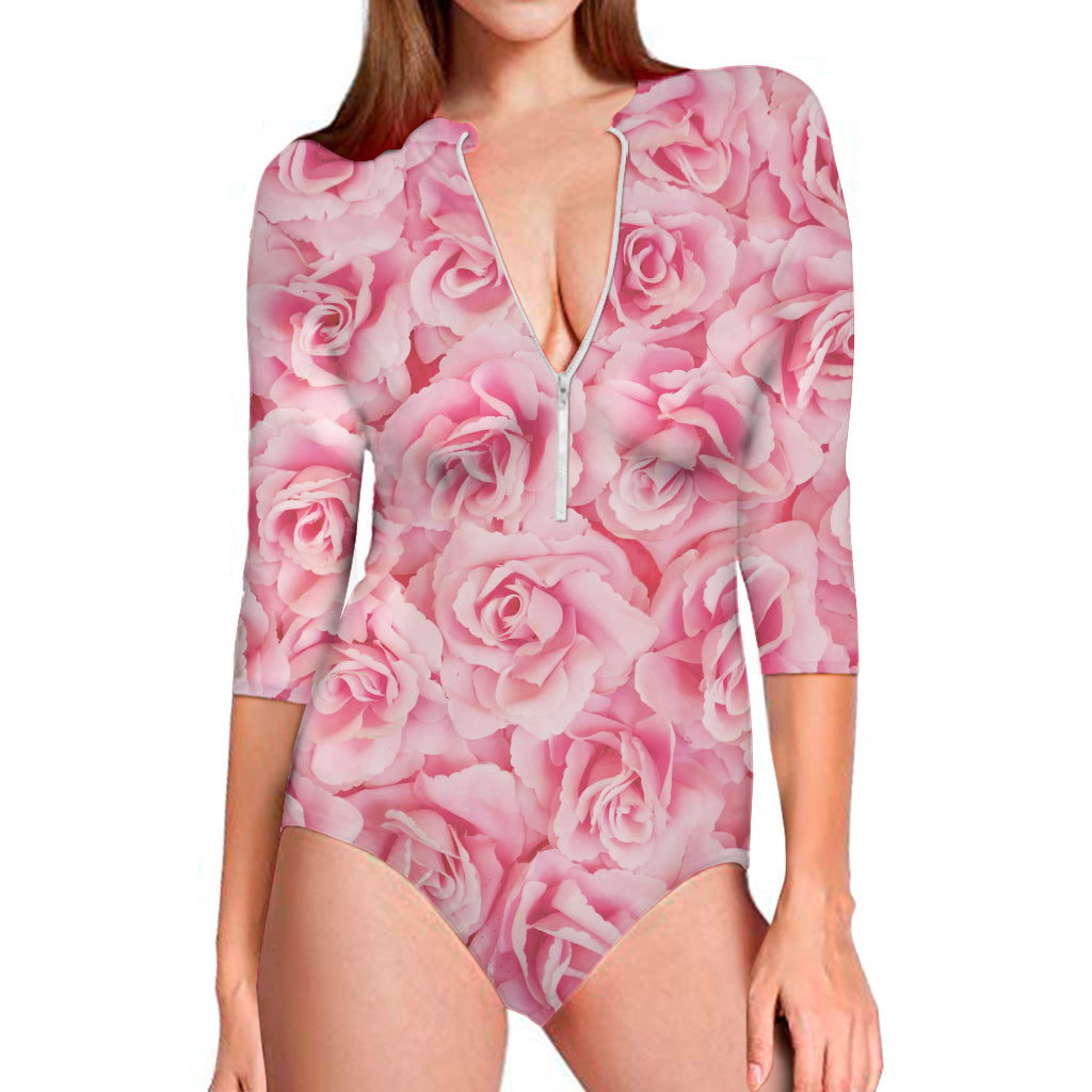 Pink Rose Print Long Sleeve One Piece Swimsuit