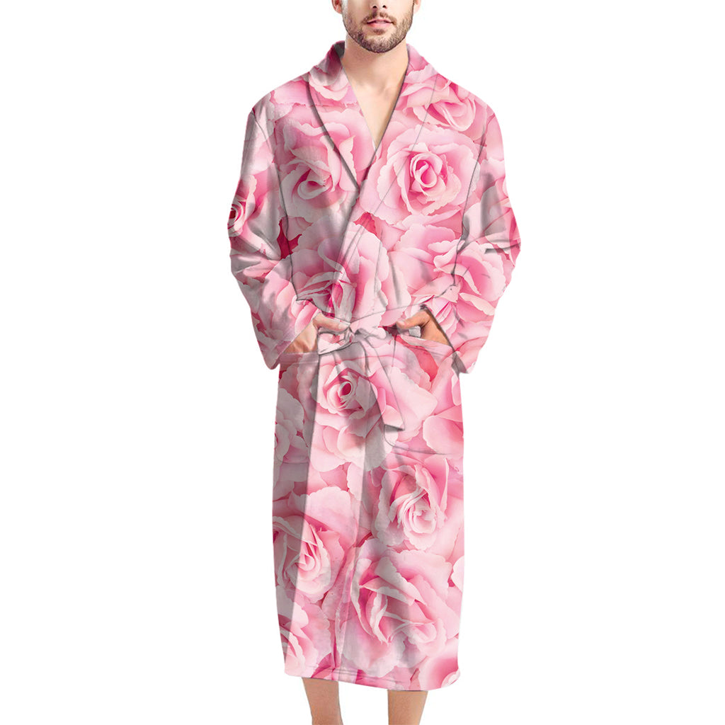 Pink Rose Print Men's Bathrobe