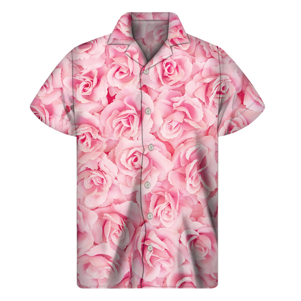 Pink Rose Print Men's Short Sleeve Shirt