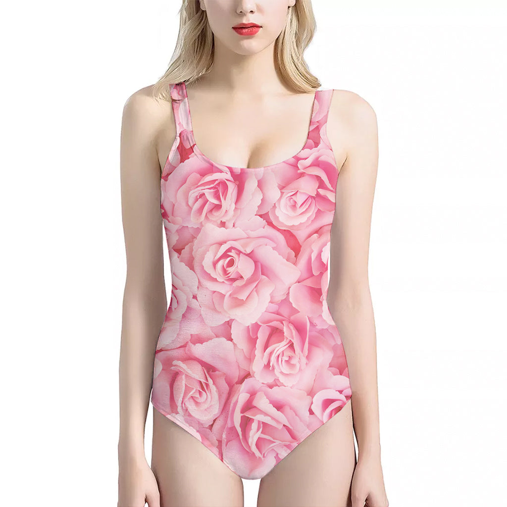 Pink Rose Print One Piece Halter Neck Swimsuit