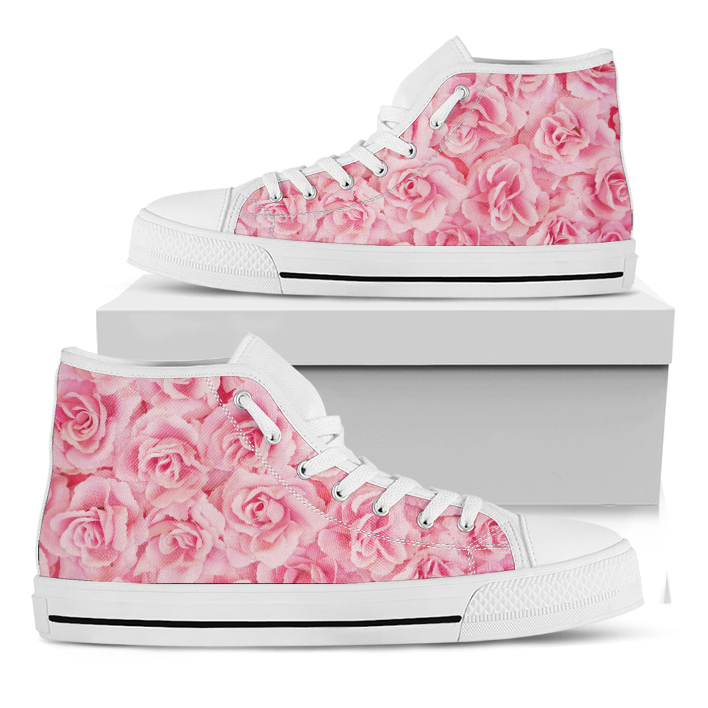 Pink Rose Print White High Top Shoes