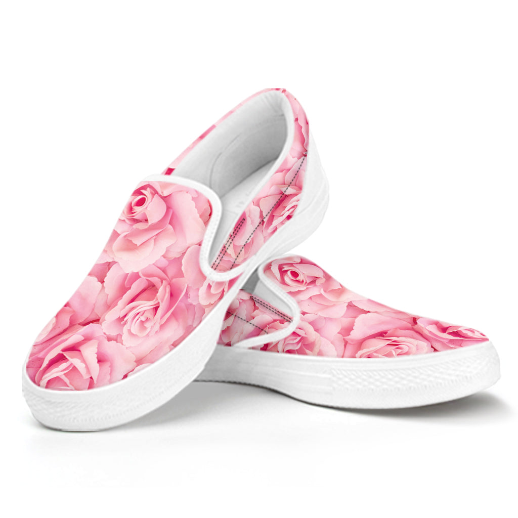 Pink Rose Print White Slip On Shoes