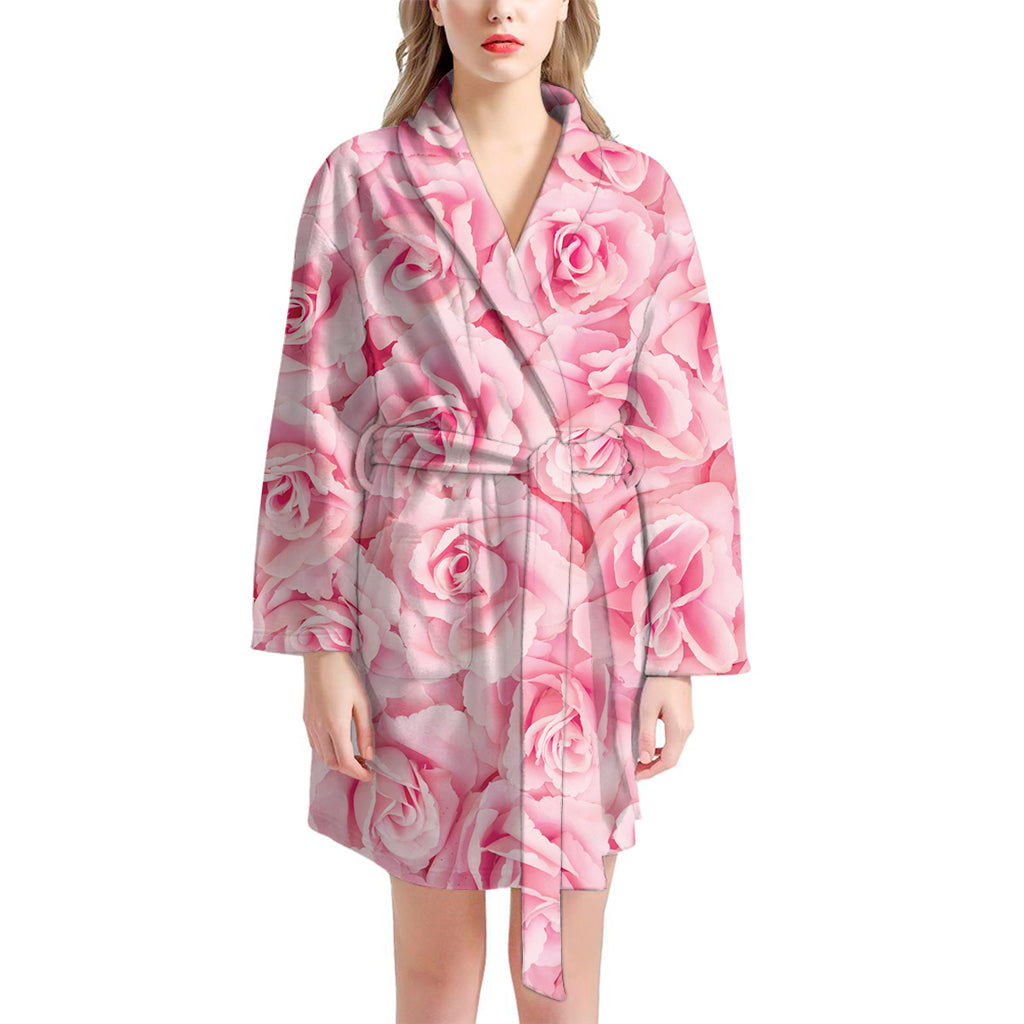 Pink Rose Print Women's Bathrobe