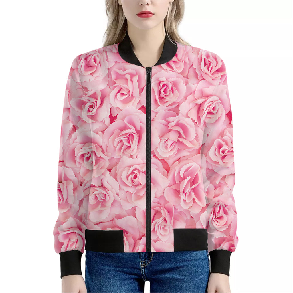 Pink Rose Print Women's Bomber Jacket