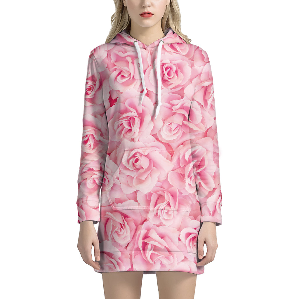 Pink Rose Print Women's Pullover Hoodie Dress