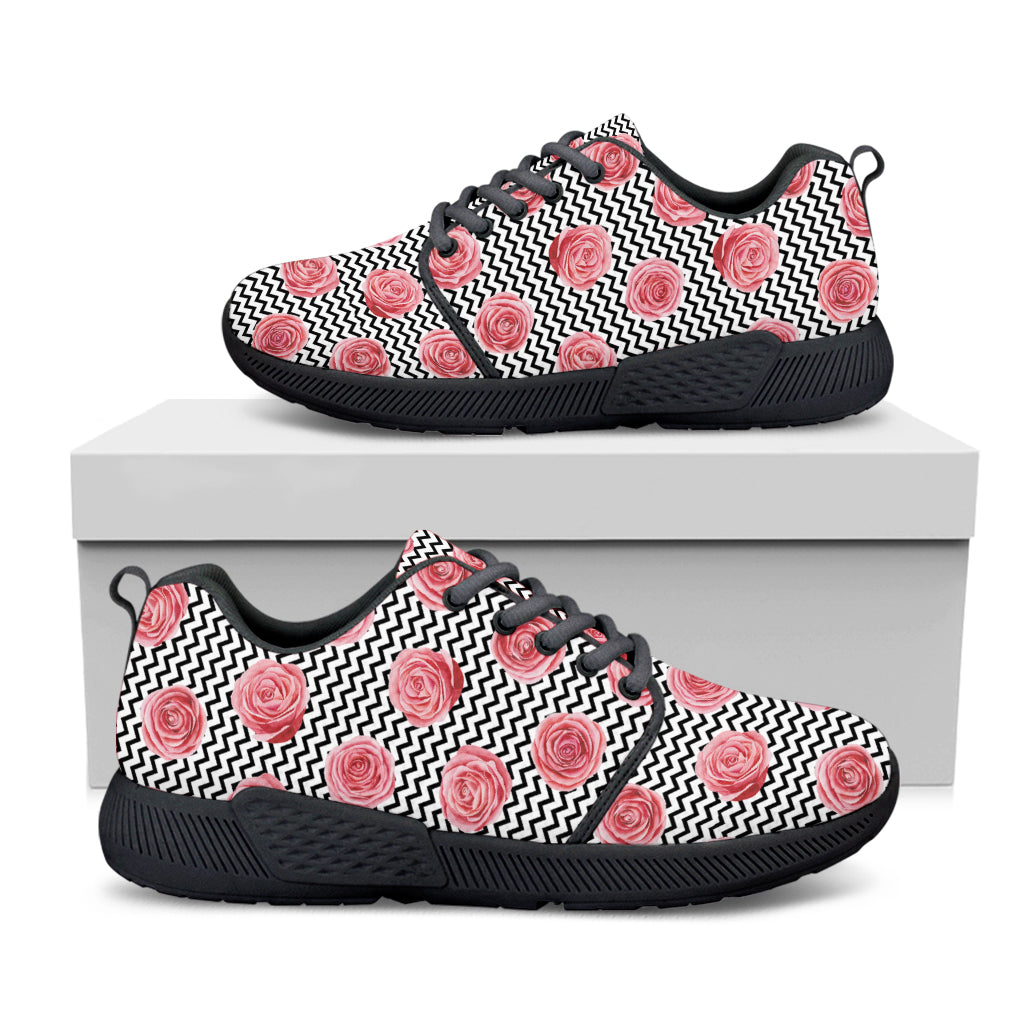 Pink Rose Zigzag Pattern Print Black Athletic Shoes