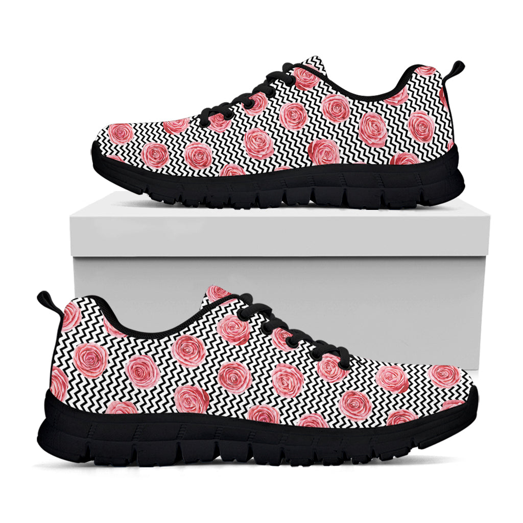 Pink Rose Zigzag Pattern Print Black Sneakers