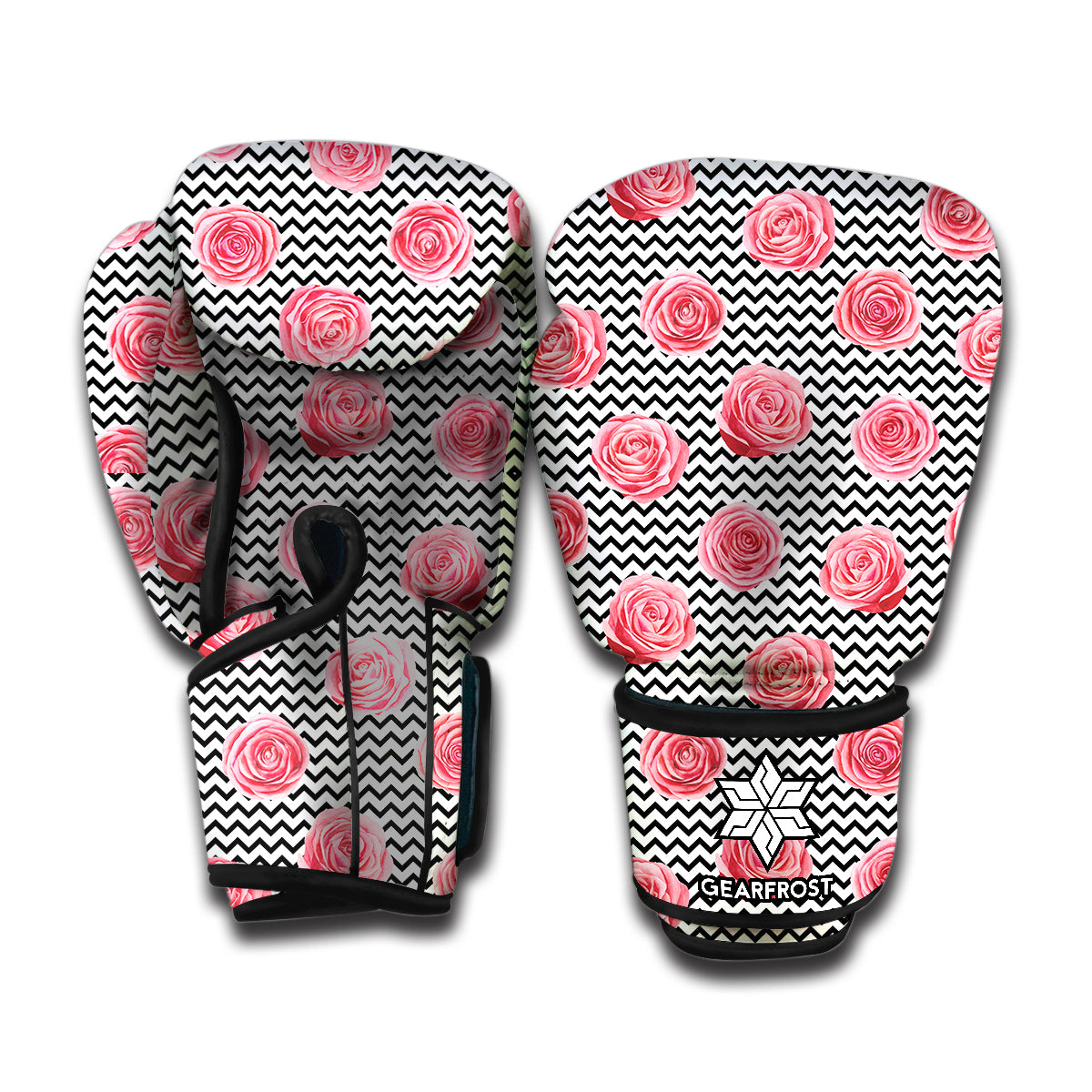 Pink Rose Zigzag Pattern Print Boxing Gloves