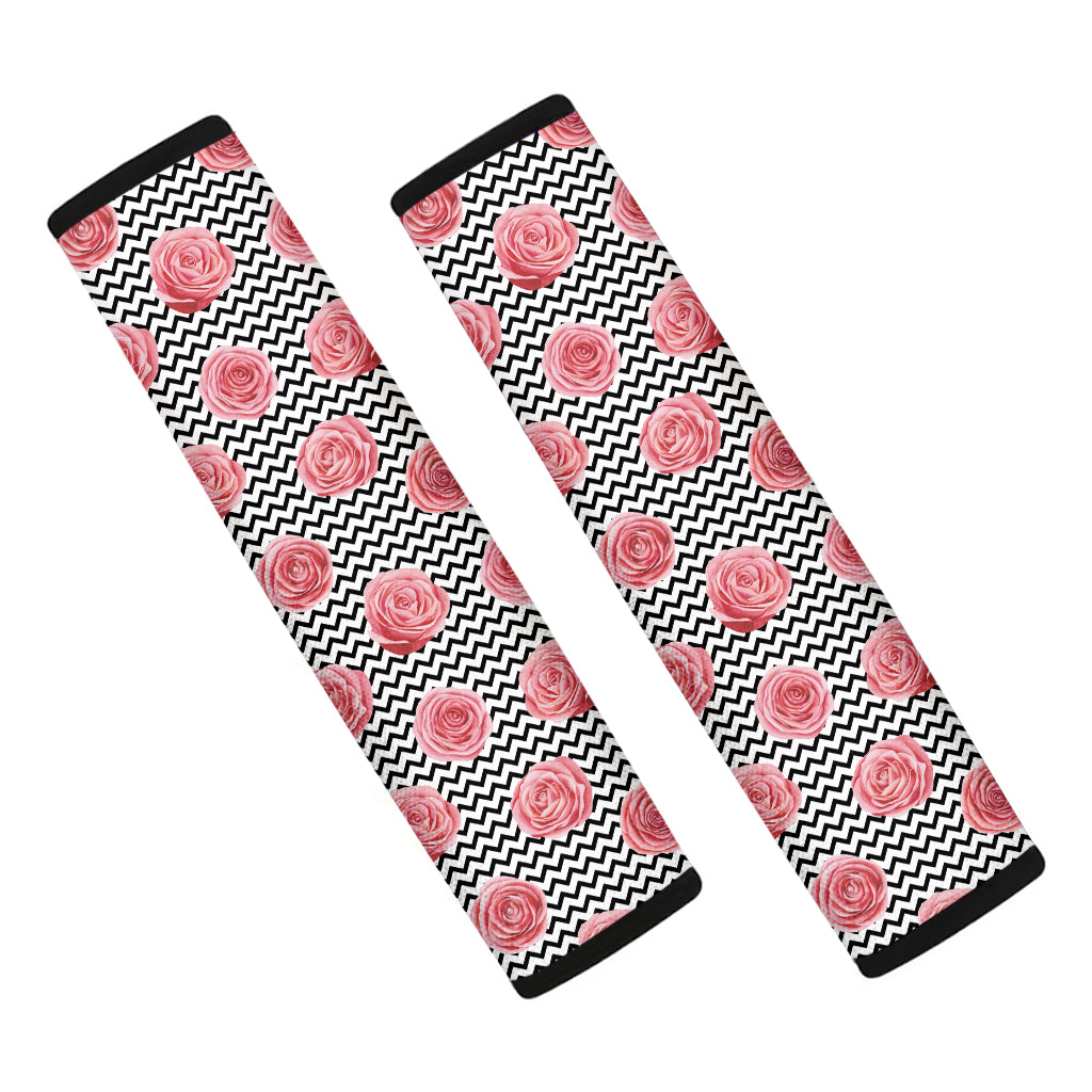 Pink Rose Zigzag Pattern Print Car Seat Belt Covers