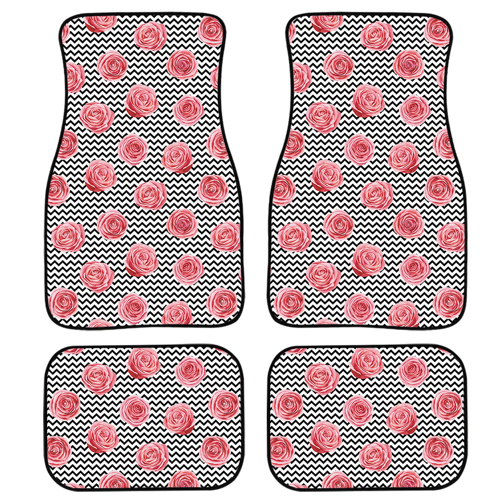 Pink Rose Zigzag Pattern Print Front and Back Car Floor Mats