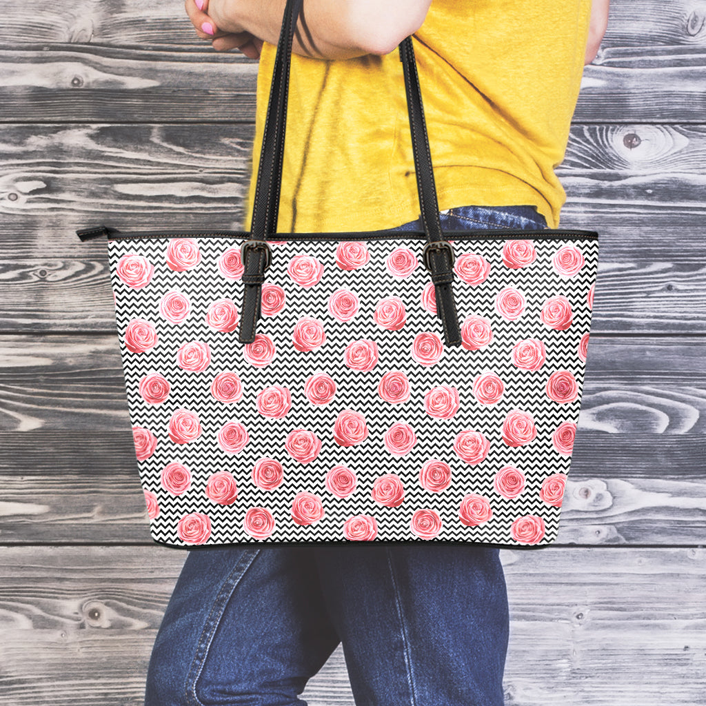 Pink Rose Zigzag Pattern Print Leather Tote Bag