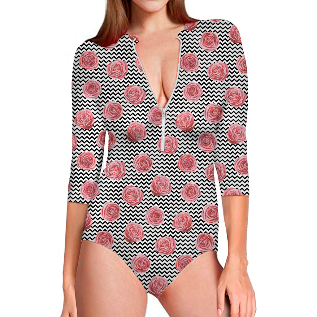 Pink Rose Zigzag Pattern Print Long Sleeve One Piece Swimsuit