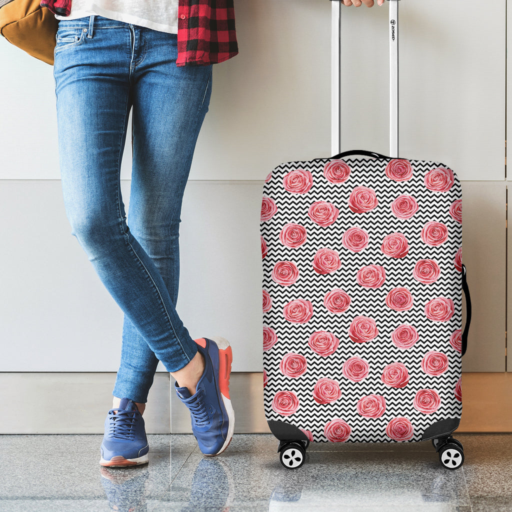 Pink Rose Zigzag Pattern Print Luggage Cover