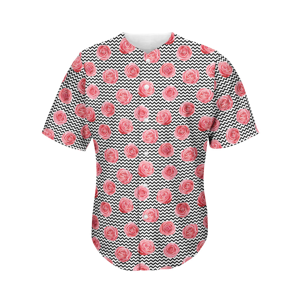 Pink Rose Zigzag Pattern Print Men's Baseball Jersey