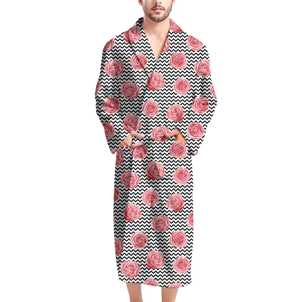 Pink Rose Zigzag Pattern Print Men's Bathrobe