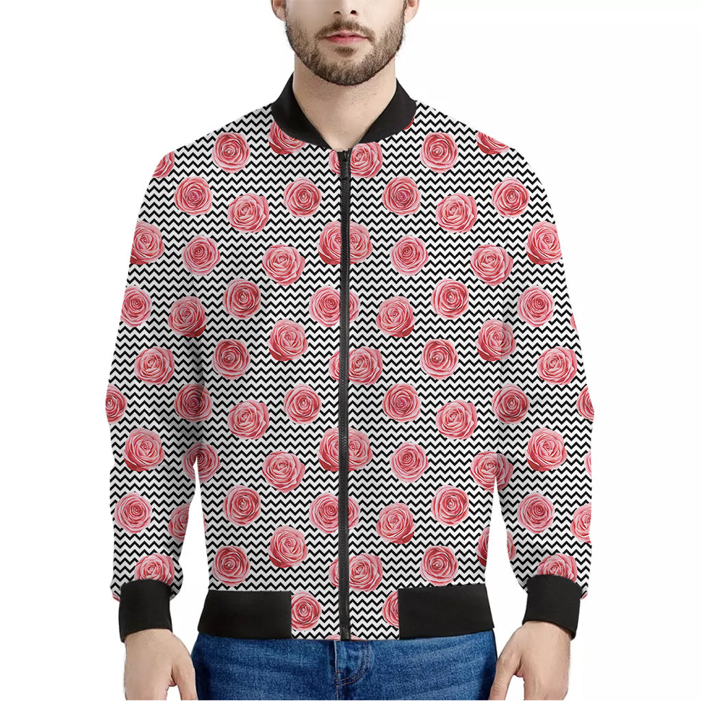 Pink Rose Zigzag Pattern Print Men's Bomber Jacket