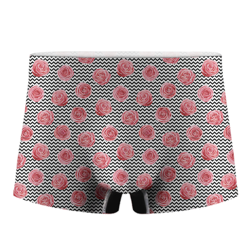 Pink Rose Zigzag Pattern Print Men's Boxer Briefs