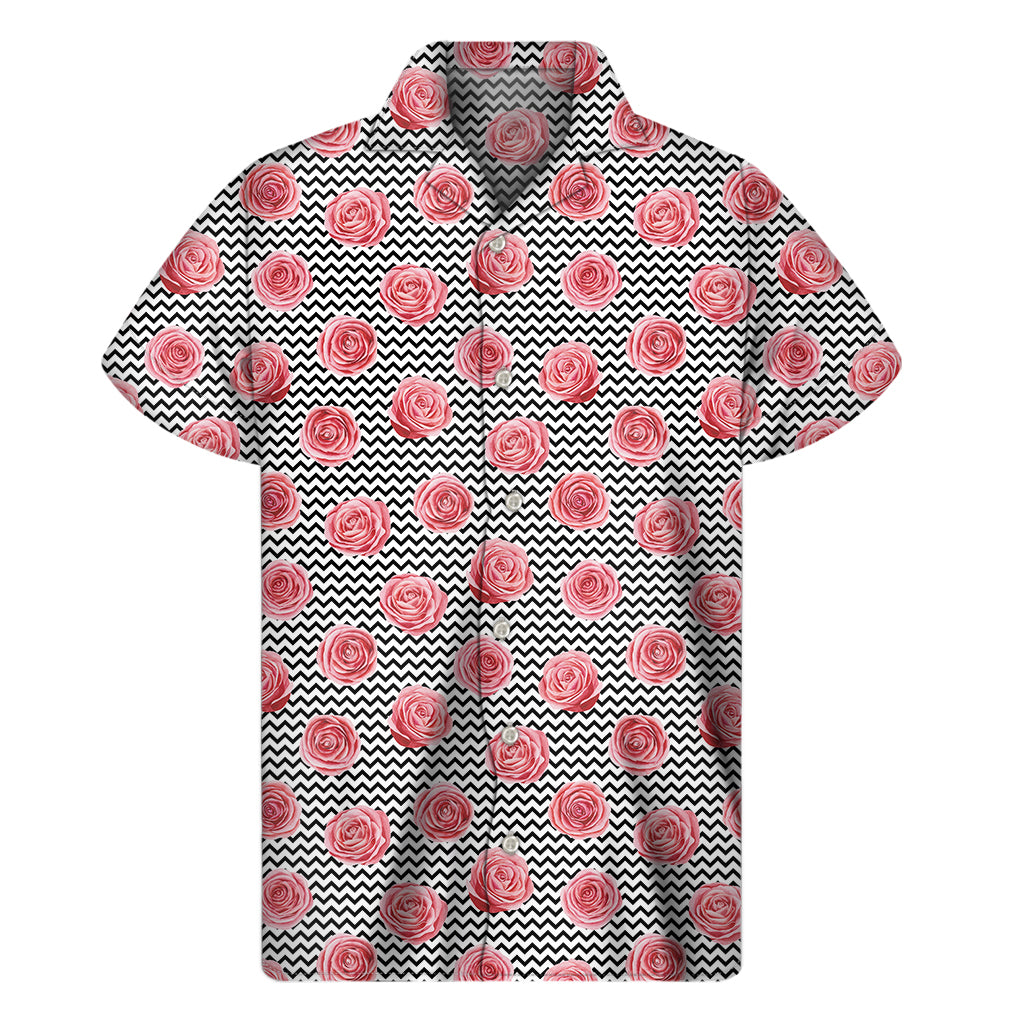 Pink Rose Zigzag Pattern Print Men's Short Sleeve Shirt