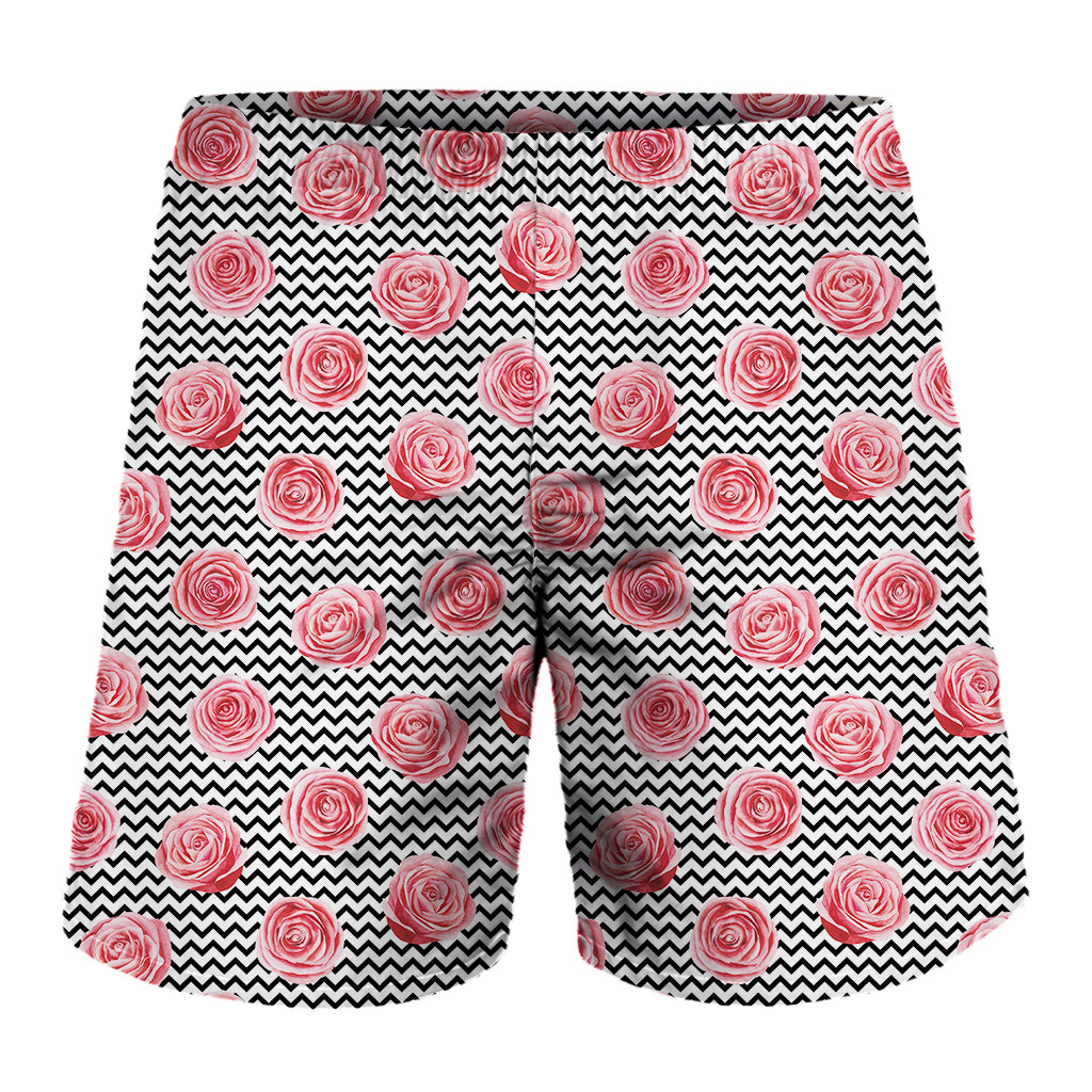 Pink Rose Zigzag Pattern Print Men's Shorts