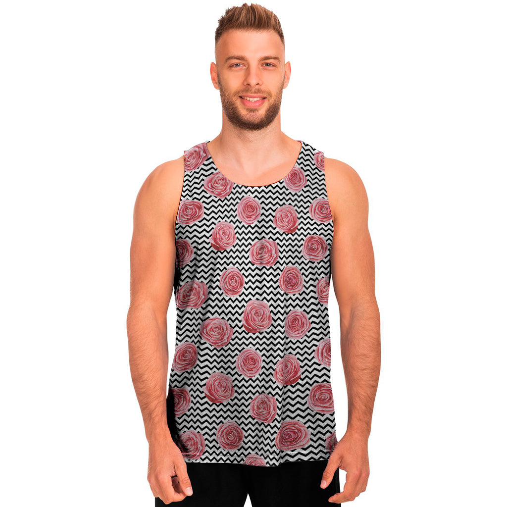 Pink Rose Zigzag Pattern Print Men's Tank Top