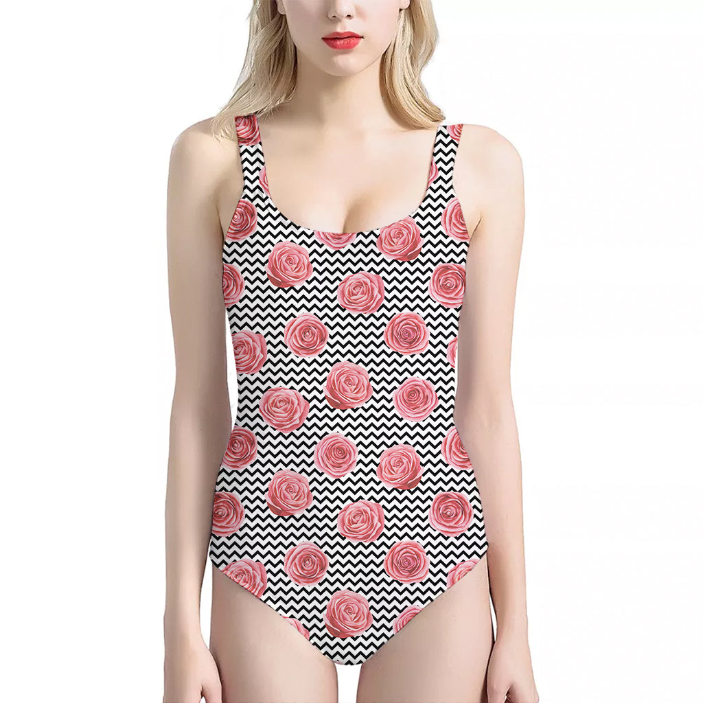 Pink Rose Zigzag Pattern Print One Piece Halter Neck Swimsuit