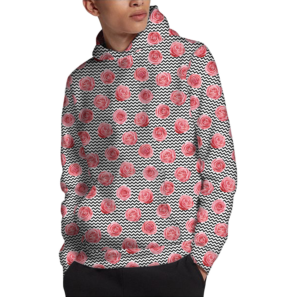 Pink Rose Zigzag Pattern Print Pullover Hoodie