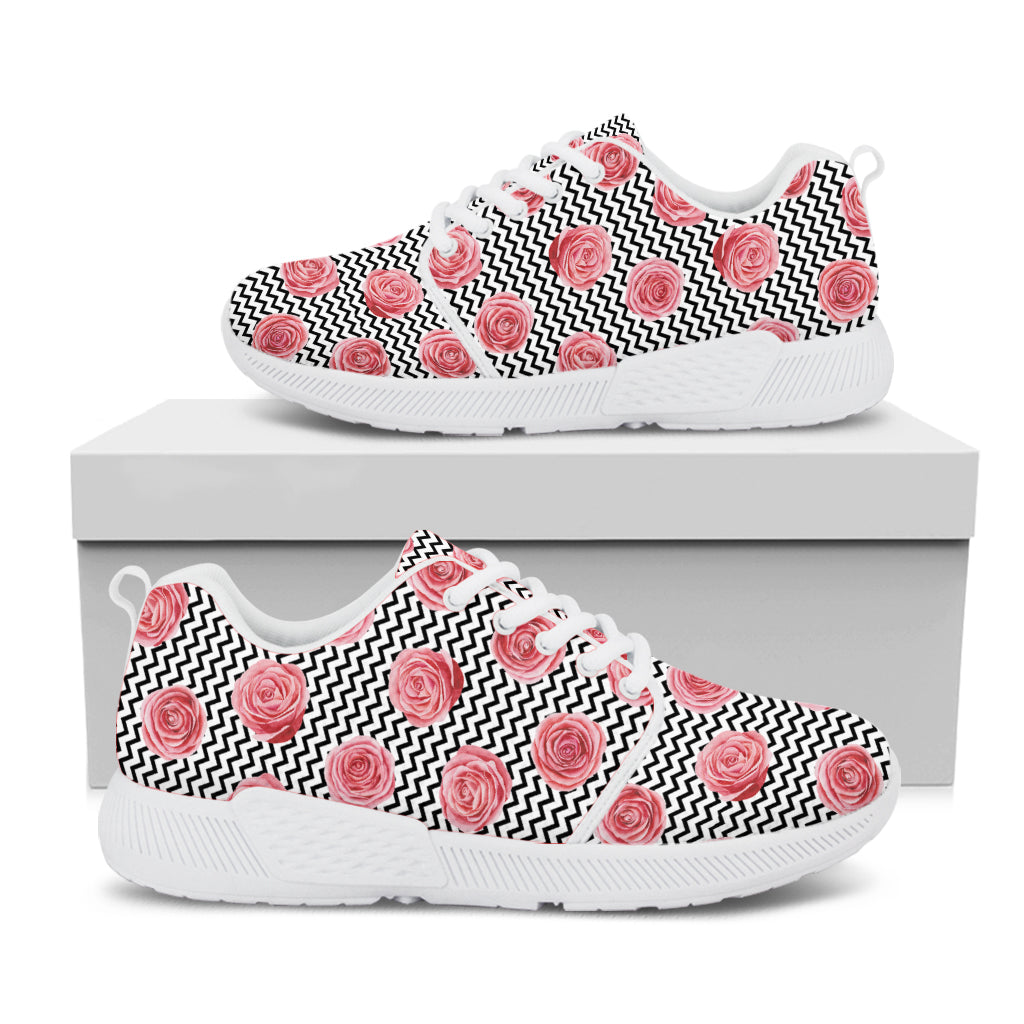 Pink Rose Zigzag Pattern Print White Athletic Shoes